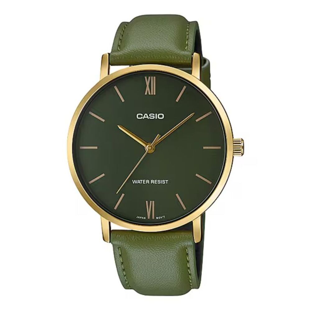Casio Men’s Green Leather Analog Watch with Green Dial - MTP-VT01GL-3BUDF